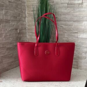 Joy Mangano Cherry Red Tote with Logo Accent